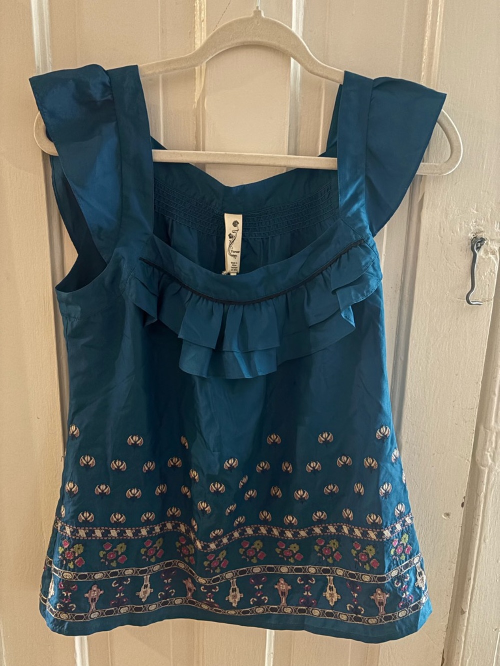 Floreat Teal Embroidered Ruffle Tank Top